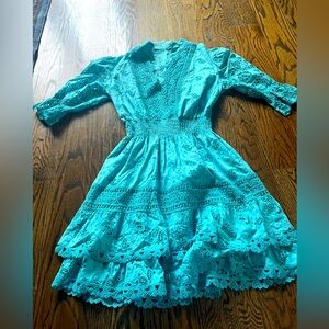 Temptation Positano Teal Eyelet Tiered Long-Sleeve Dress with Smocked Waist